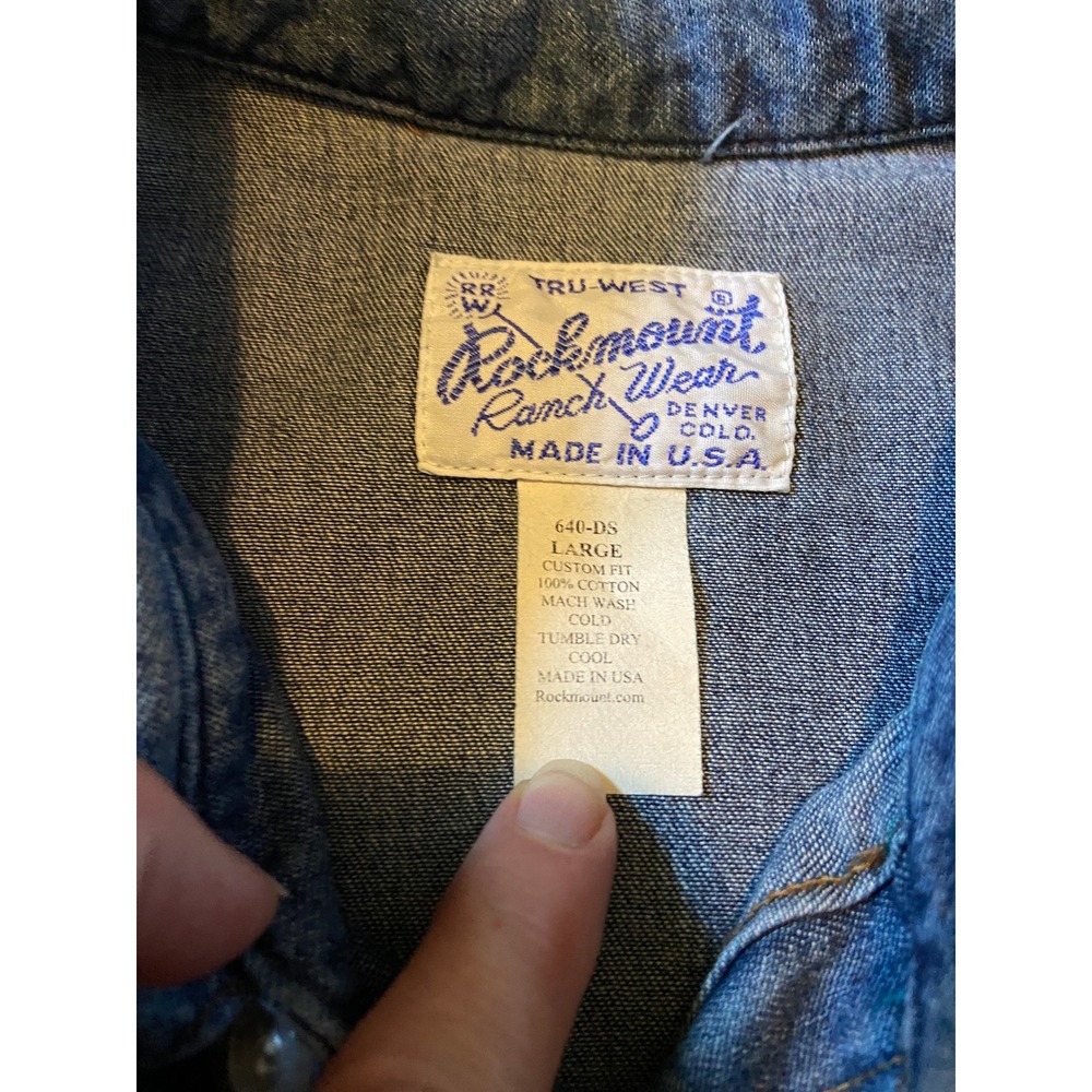 Rockmount Western Shirt Large Blue Denim Diamond Snap Sawtooth USA Cowboy Rodeo - Picture 3 of 6